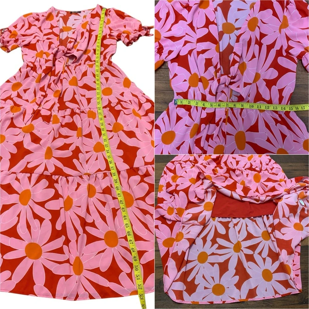 BTFBM Women's XL Summer Boho Dress Tie Front Deep V Neck Cutout Floral Pink Red - Picture 6 of 9
